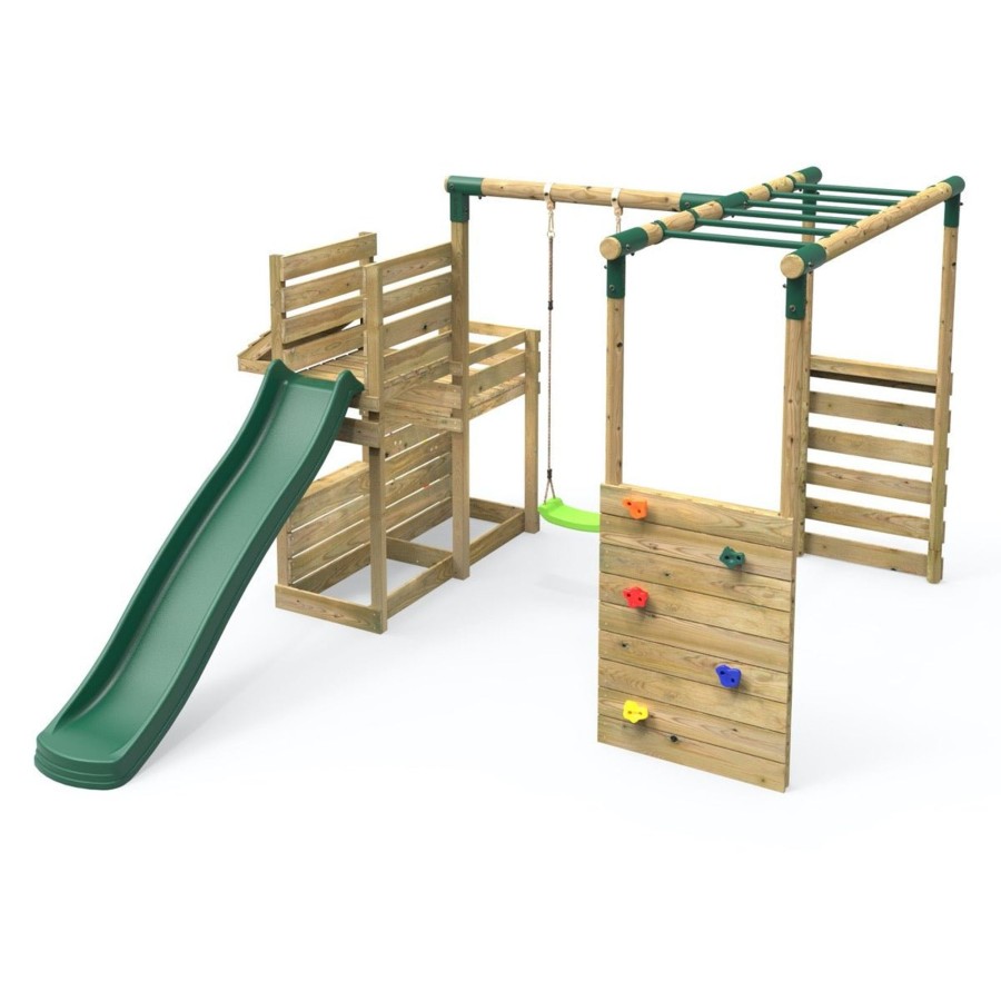 Swings OutdoorToys Wooden Swings | Rebo Wooden Swing Set Plus Deluxe Deck, 8Ft Slide & Monkey Bars - Solar Green