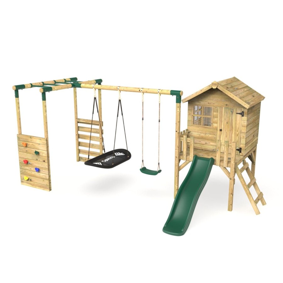 Playhouses OutdoorToys Playhouse With MonOnline Bars | Rebo Orchard 4Ft Wooden Playhouse, Swings, Monkey Bars, Deck & 6Ft Slide Sage Green