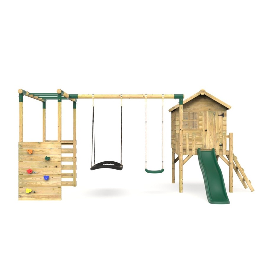 Playhouses OutdoorToys Playhouse With MonOnline Bars | Rebo Orchard 4Ft Wooden Playhouse, Swings, Monkey Bars, Deck & 6Ft Slide Sage Green