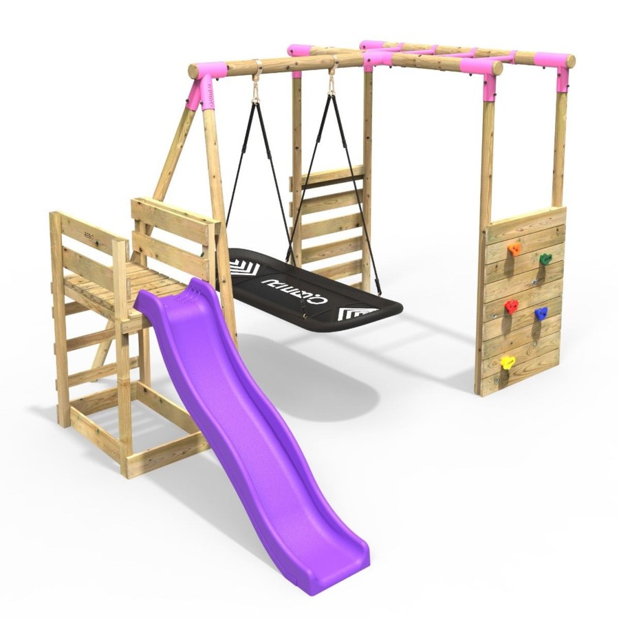 Swings OutdoorToys Wooden Swings | Rebo Wooden Swing Set With Monkey Bars Plus Deck & 6Ft Slide - Boat Pink