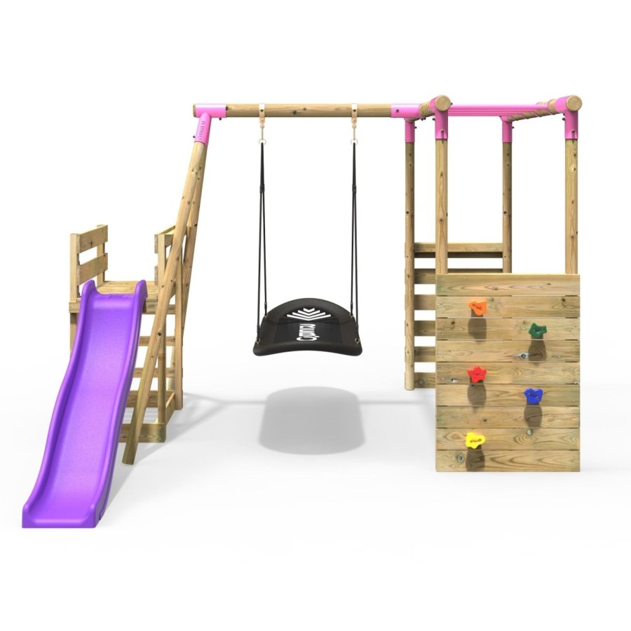 Swings OutdoorToys Wooden Swings | Rebo Wooden Swing Set With Monkey Bars Plus Deck & 6Ft Slide - Boat Pink