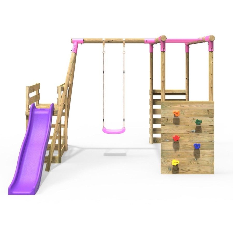 Swings OutdoorToys Wooden Swings | Rebo Wooden Swing Set With Monkey Bars Plus Deck & 6Ft Slide - Solar Pink