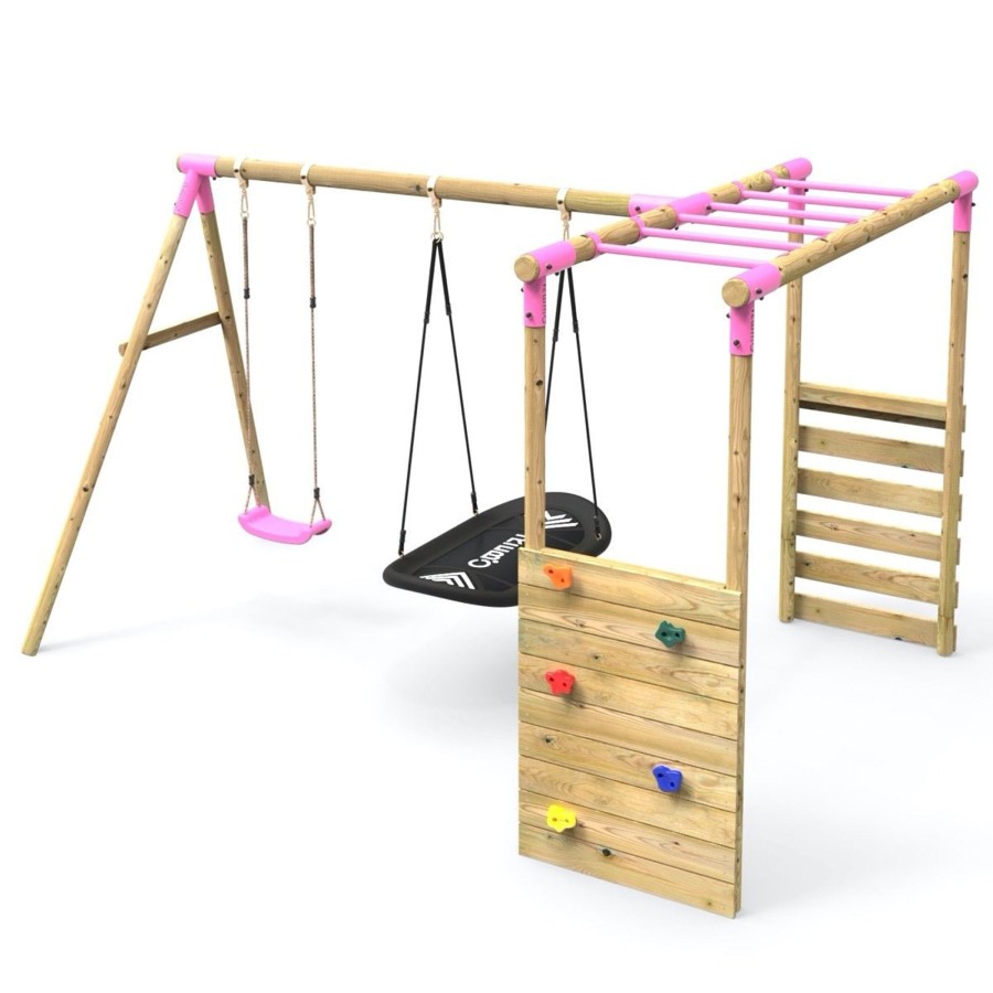 Swings OutdoorToys Wooden Swings | Rebo Wooden Garden Swing Set With Extra-Long Monkey Bars - Sage Pink