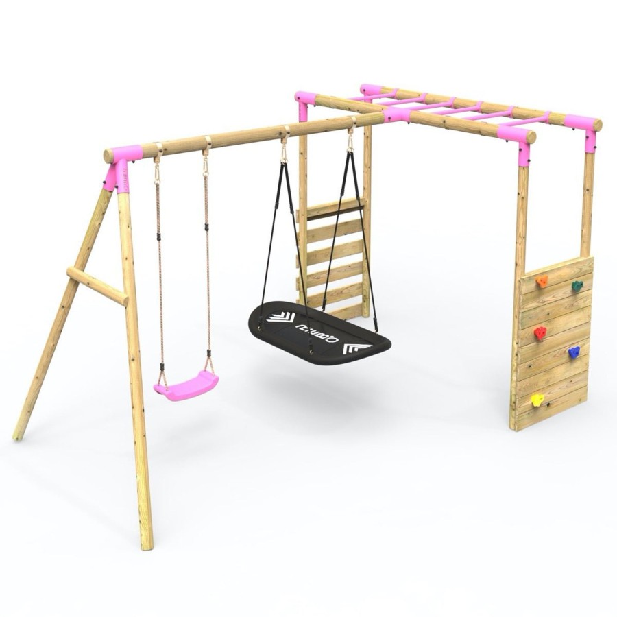 Swings OutdoorToys Wooden Swings | Rebo Wooden Garden Swing Set With Extra-Long Monkey Bars - Sage Pink