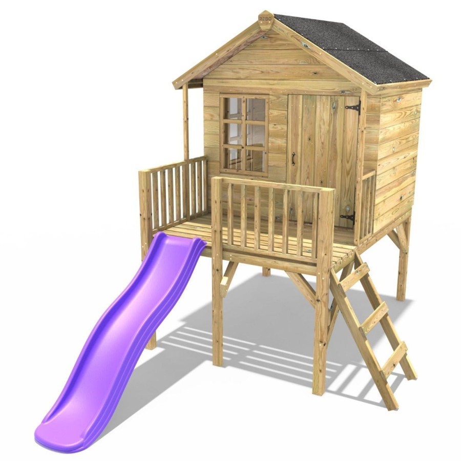 Playhouses OutdoorToys Playhouses With Slides | Rebo 5Ft X 5Ft Childrens Wooden Garden Playhouse On Deck With 6Ft Slide - Pheasant Purple