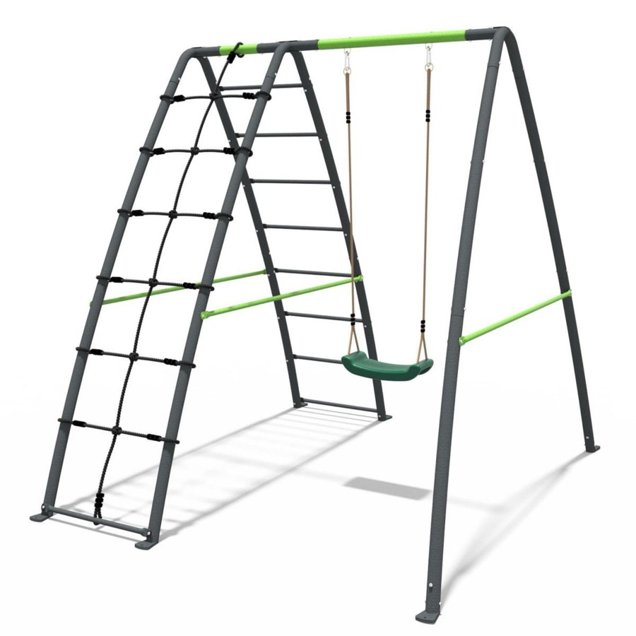 Swings OutdoorToys Metal Swing Sets | Rebo Steel Series Metal Swing Set With Up And Over Wall - Single Swing Green