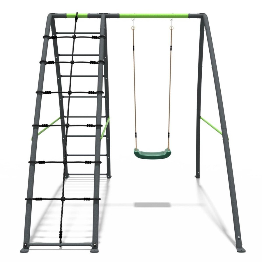 Swings OutdoorToys Metal Swing Sets | Rebo Steel Series Metal Swing Set With Up And Over Wall - Single Swing Green