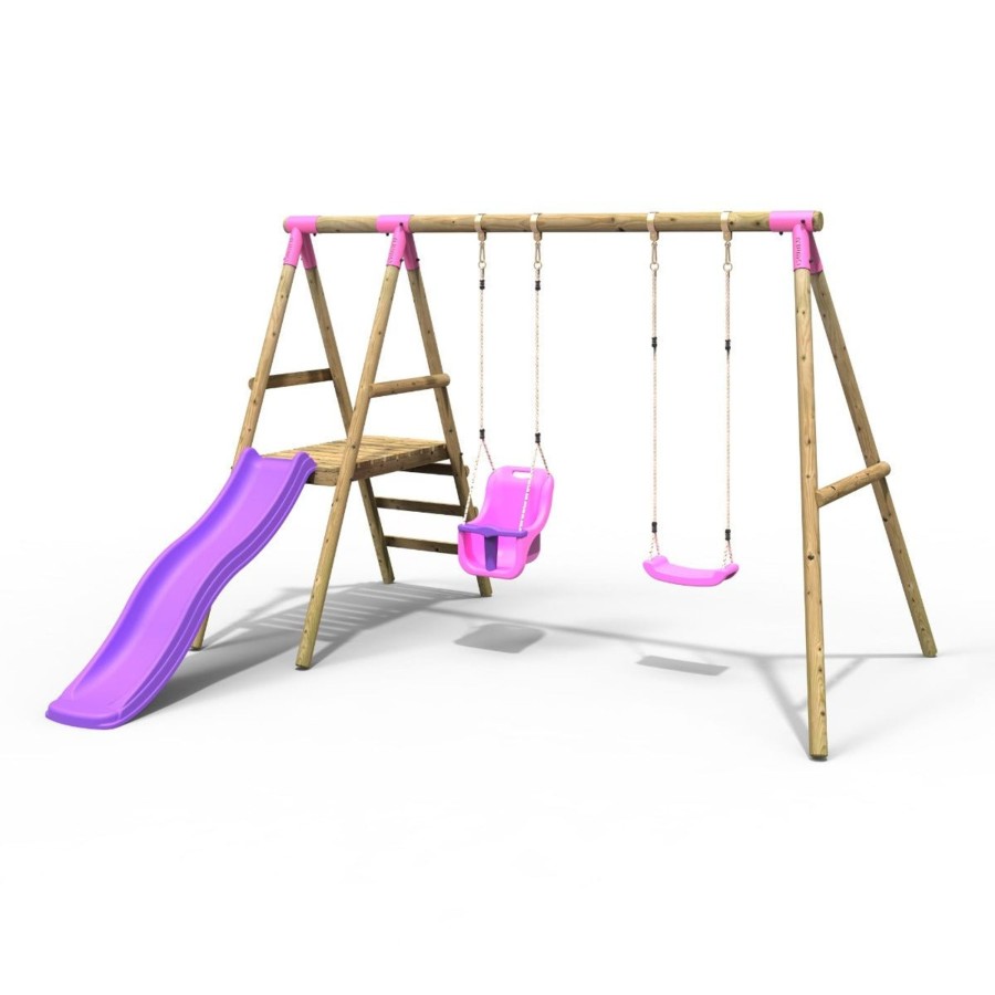 Swings OutdoorToys Swings & Slide Sets | Rebo Odyssey Wooden Swing Set With Platform And Slide - Pink