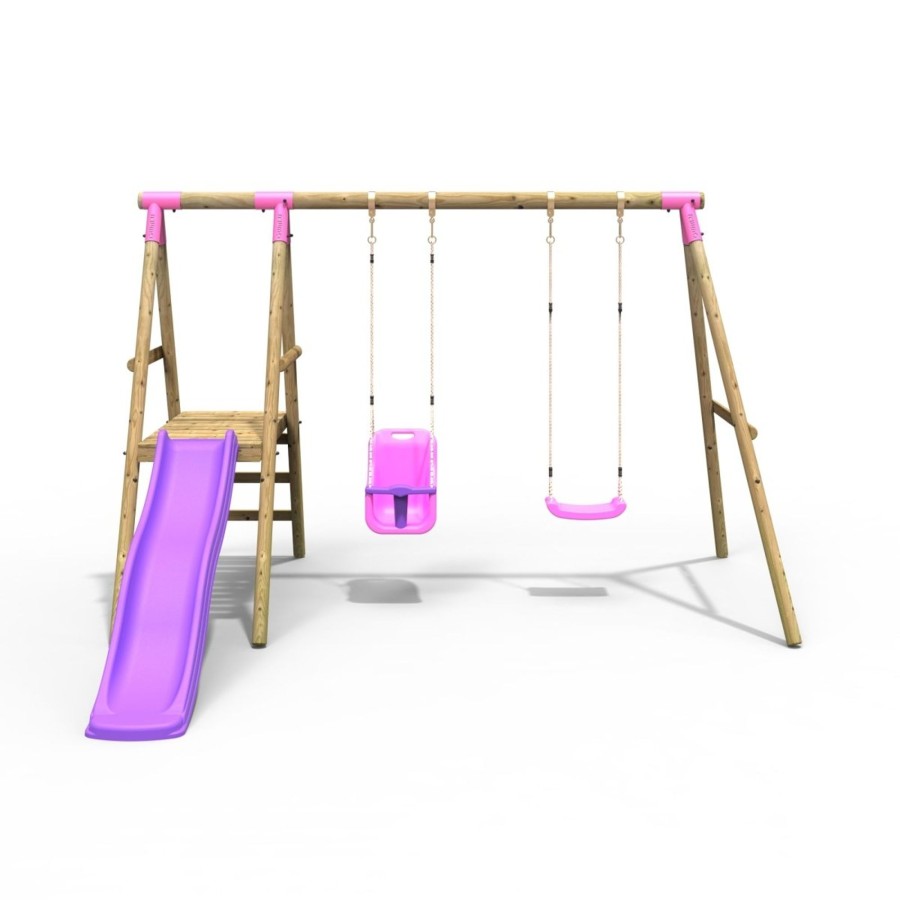 Swings OutdoorToys Swings & Slide Sets | Rebo Odyssey Wooden Swing Set With Platform And Slide - Pink