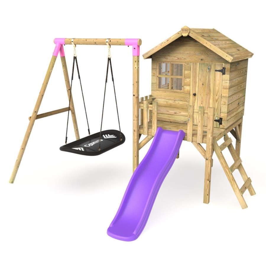 Playhouses OutdoorToys Playhouses With Slides And Swings | Rebo Orchard 4Ft X 4Ft Wooden Playhouse + Swings, 900Mm Deck & 6Ft Slide - Boat Purple