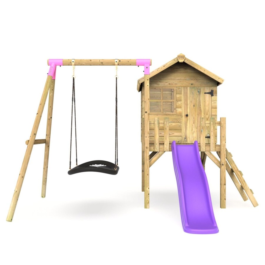 Playhouses OutdoorToys Playhouses With Slides And Swings | Rebo Orchard 4Ft X 4Ft Wooden Playhouse + Swings, 900Mm Deck & 6Ft Slide - Boat Purple