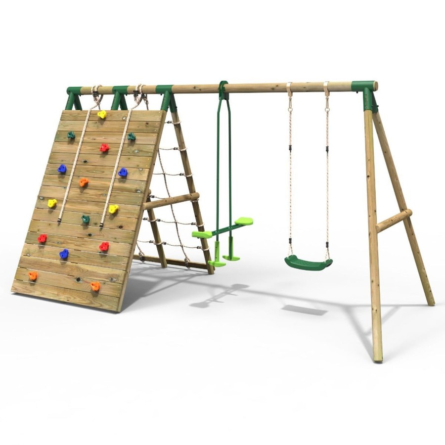 Swings OutdoorToys Wooden Swings | Rebo Beat The Wall Wooden Swing Set With Double Up & Over Climbing Wall Peak