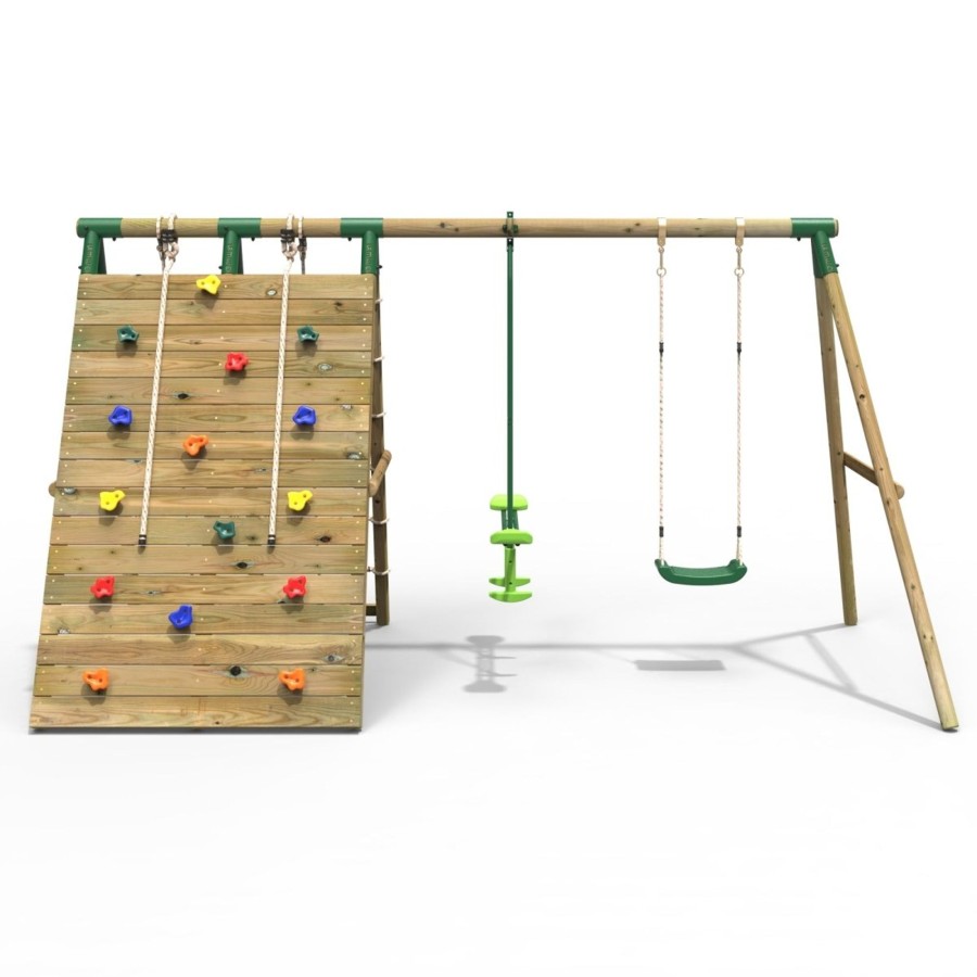 Swings OutdoorToys Wooden Swings | Rebo Beat The Wall Wooden Swing Set With Double Up & Over Climbing Wall Peak