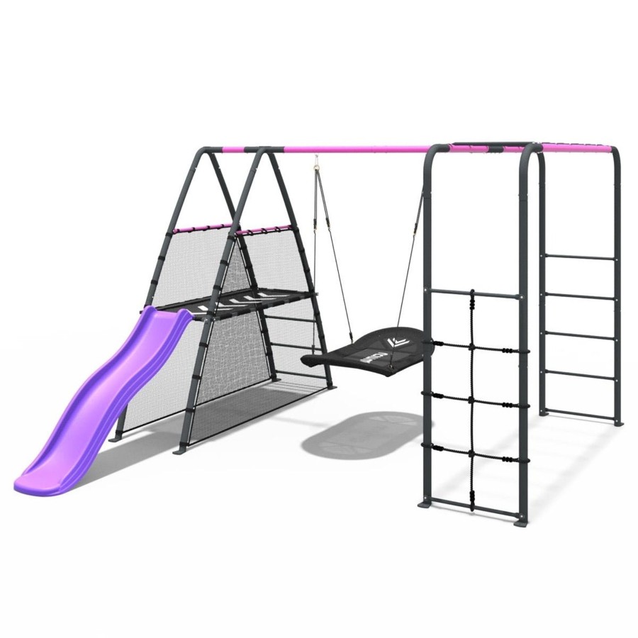 Swings OutdoorToys Metal Swing Sets | Rebo Steel Series Metal Swing Set + Monkey Bars & Slide - Boat Pink