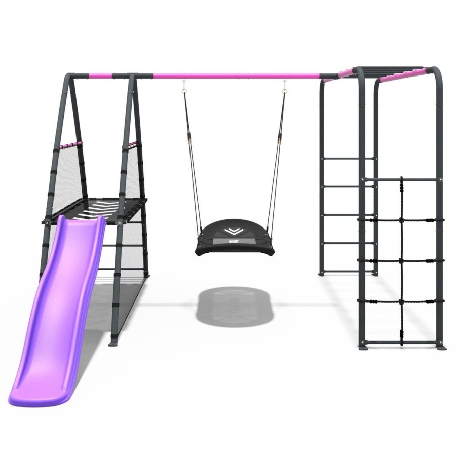 Swings OutdoorToys Metal Swing Sets | Rebo Steel Series Metal Swing Set + Monkey Bars & Slide - Boat Pink