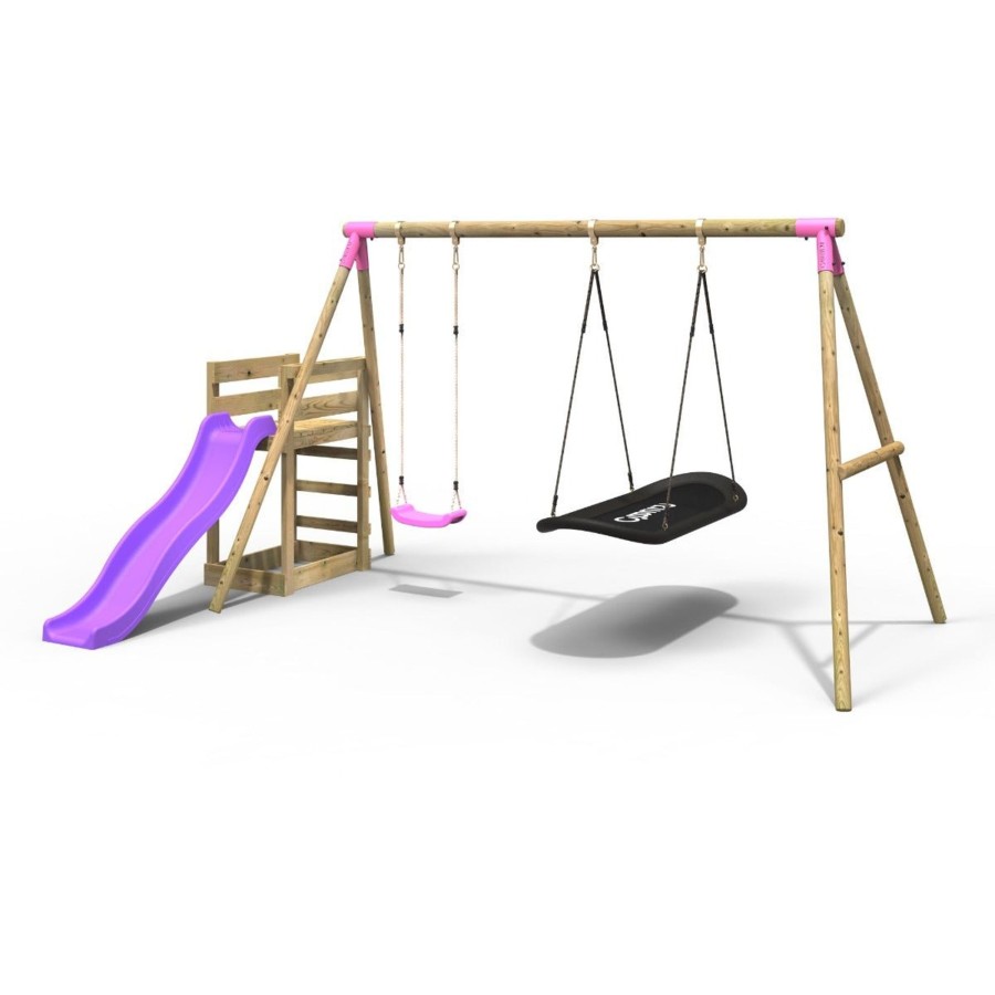 Swings OutdoorToys Wooden Swings | Rebo Wooden Swing Set Plus Deck & Slide - Meteorite Pink