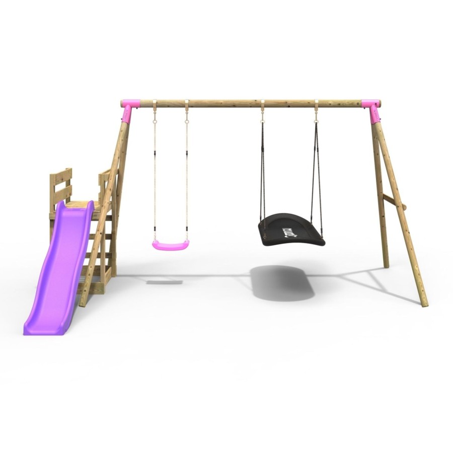 Swings OutdoorToys Wooden Swings | Rebo Wooden Swing Set Plus Deck & Slide - Meteorite Pink