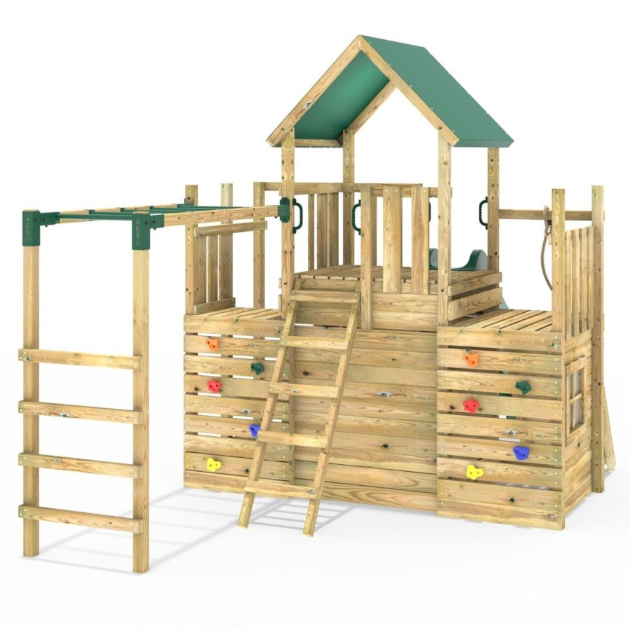 Climbing Frames OutdoorToys Climbing Frames With Rock Walls | Rebo Modular Wooden Climbing Frame Playset - M21 Ramp, Den & Monkey Bars