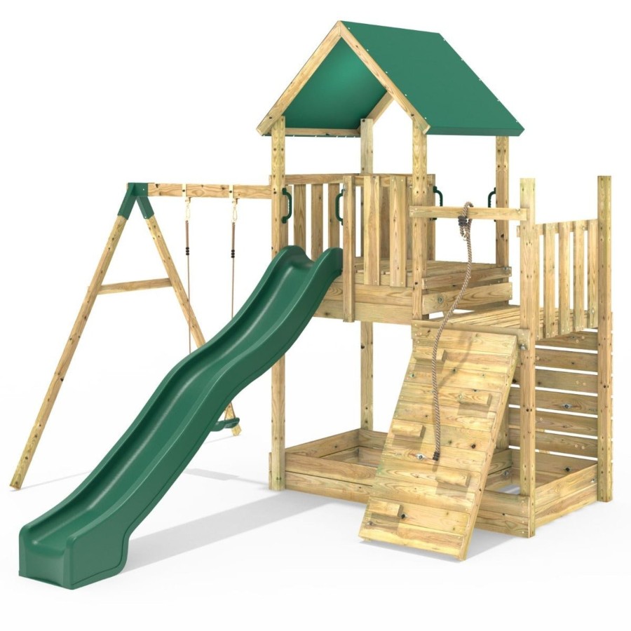 Climbing Frames OutdoorToys Climbing Frames With Rock Walls | Rebo Modular Wooden Climbing Frame Adventure Playset - M3 Plus Ramp & Single Swing