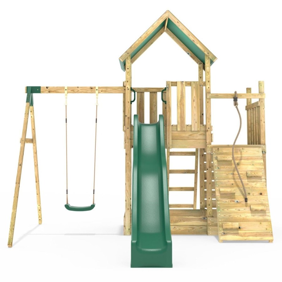 Climbing Frames OutdoorToys Climbing Frames With Rock Walls | Rebo Modular Wooden Climbing Frame Adventure Playset - M3 Plus Ramp & Single Swing