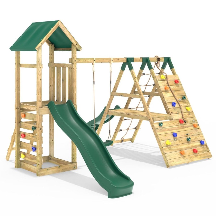 Climbing Frames OutdoorToys Climbing Frames With Rock Walls | Rebo Wooden Climbing Frame With Swings, 6+8Ft Slides & Climbing Wall - Alverstone