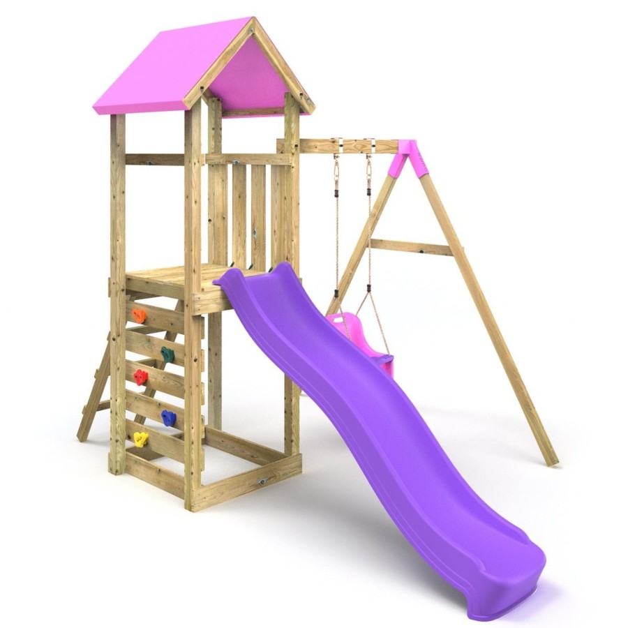 Climbing Frames OutdoorToys Climbing Frames With Rock Walls | Rebo Adventure Wooden Climbing Frame, Swing Set And Slide - Rosa Pink