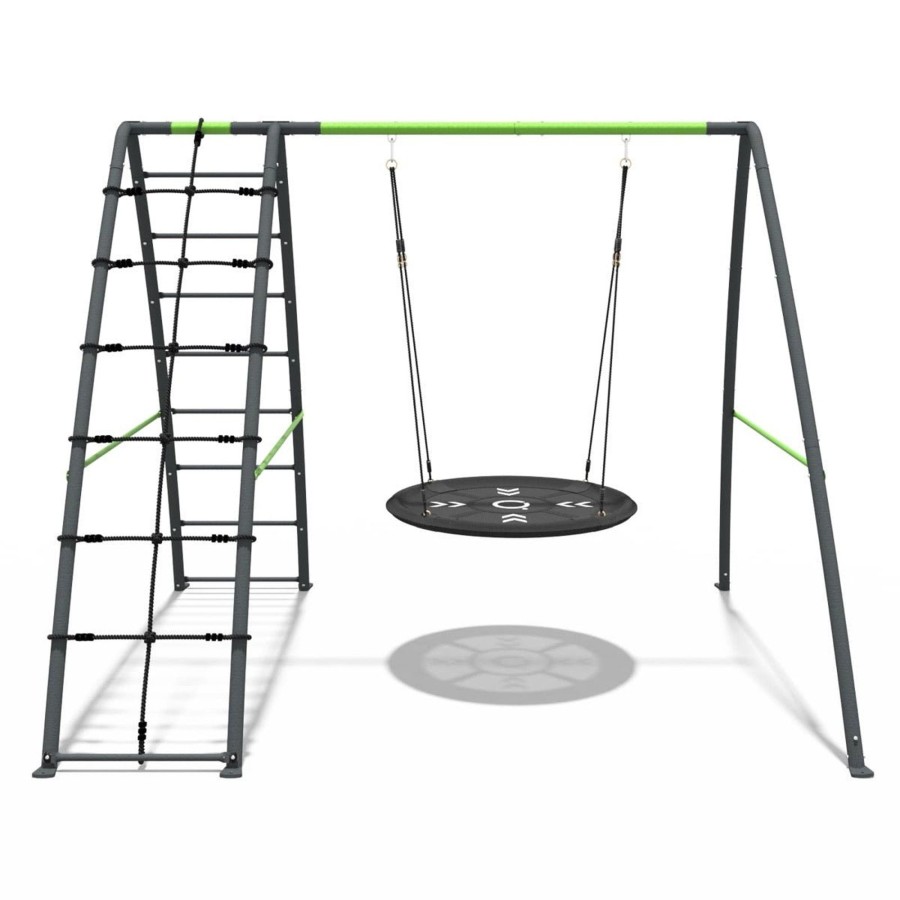 Swings OutdoorToys Metal Swing Sets | Rebo Steel Series Metal Swing Set With Up And Over Wall - Nest Swing Green