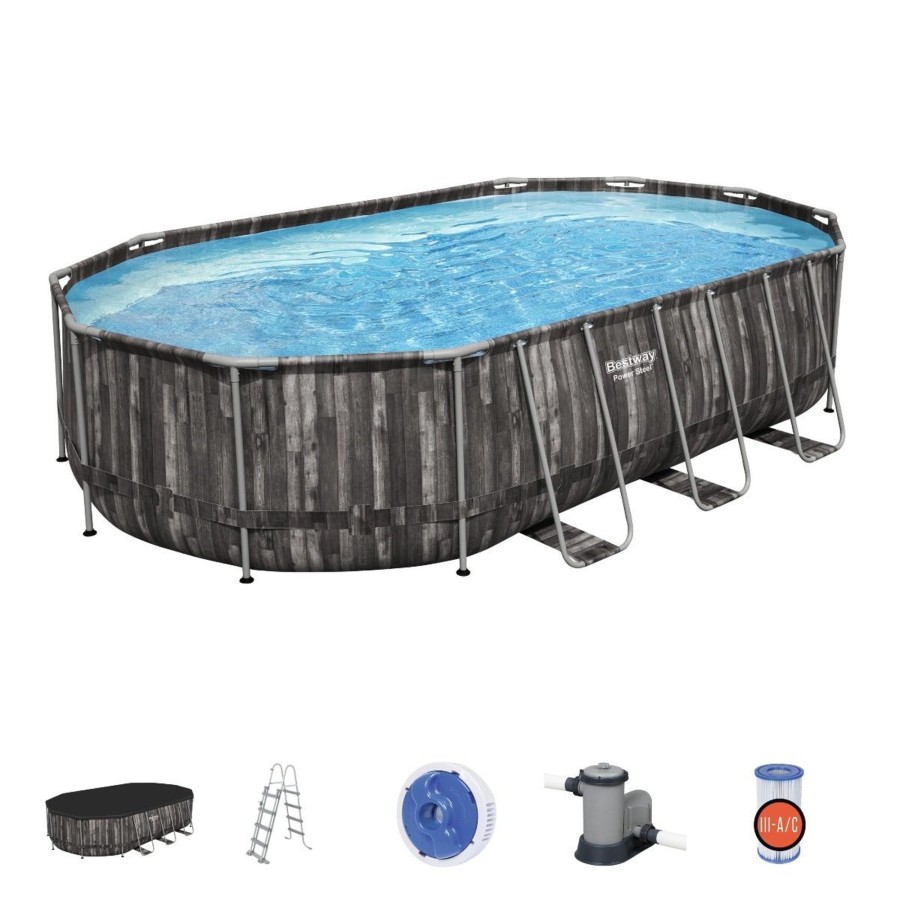 Swimming Pools OutdoorToys Steel Frame Pools | The Bestway Power Steel Oval 20Ft X 12Ft X 48In Pool With Filter Pump Bw5611R