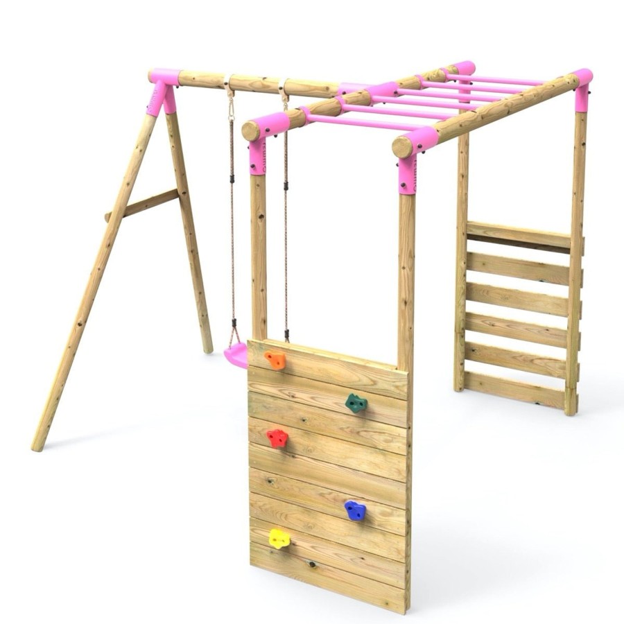 Swings OutdoorToys Wooden Swings | Rebo Wooden Garden Swing Set With Extra-Long Monkey Bars - Solar Pink