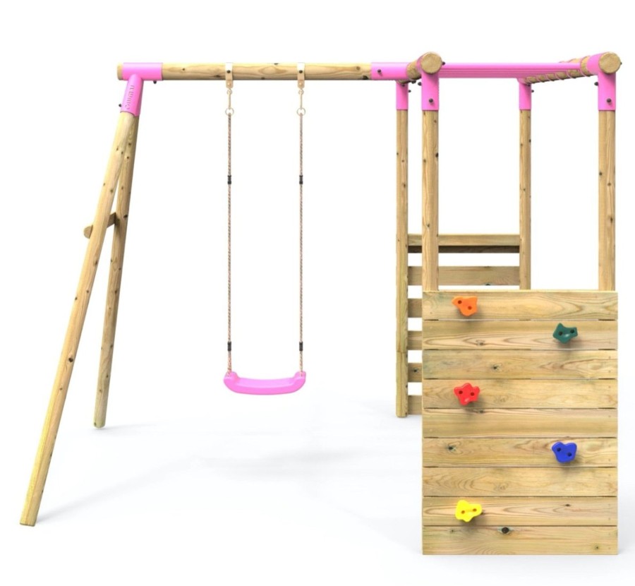 Swings OutdoorToys Wooden Swings | Rebo Wooden Garden Swing Set With Extra-Long Monkey Bars - Solar Pink