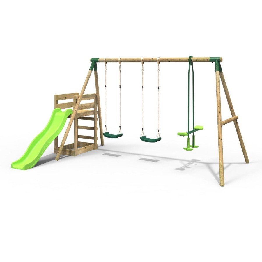 Swings OutdoorToys Wooden Swings | Rebo Wooden Swing Set Plus Deck & Slide - Neptune Green