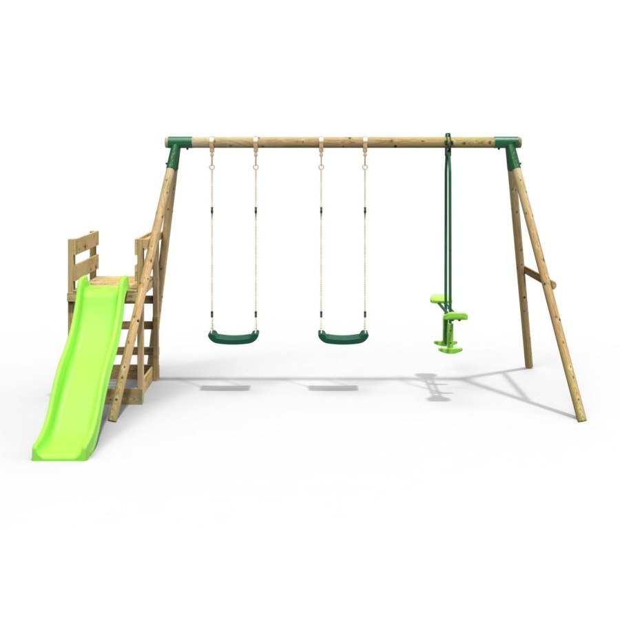 Swings OutdoorToys Wooden Swings | Rebo Wooden Swing Set Plus Deck & Slide - Neptune Green