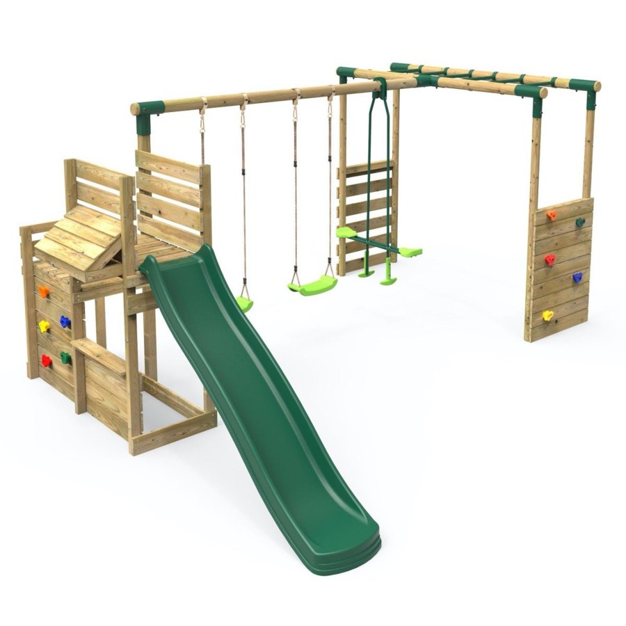 Swings OutdoorToys Swings With Climbing Walls | Rebo Wooden Swing Set Plus Deluxe Deck, 8Ft Slide & Monkey Bars - Neptune Green