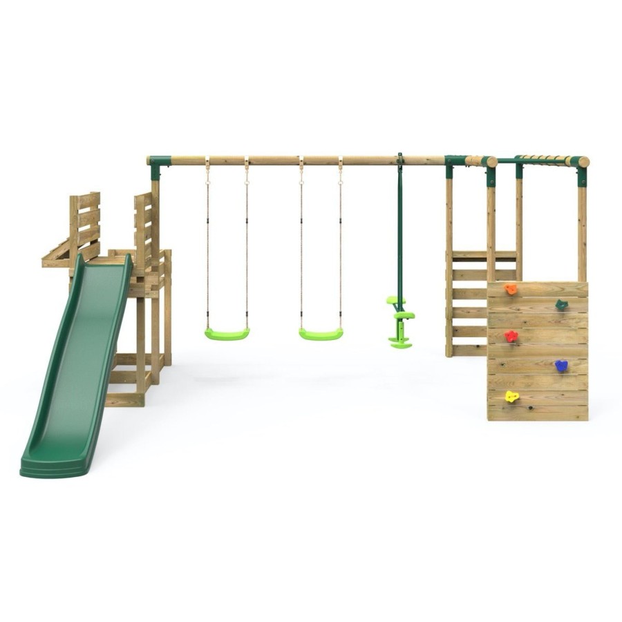 Swings OutdoorToys Swings With Climbing Walls | Rebo Wooden Swing Set Plus Deluxe Deck, 8Ft Slide & Monkey Bars - Neptune Green