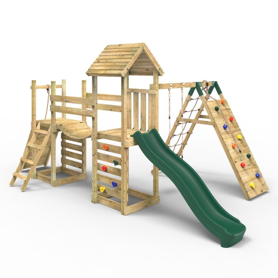 Climbing Frames OutdoorToys Climbing Frames With Rock Walls | Rebo Double Tower Climbing Frame With Flexible Bridge, Swing & Slide - Bear