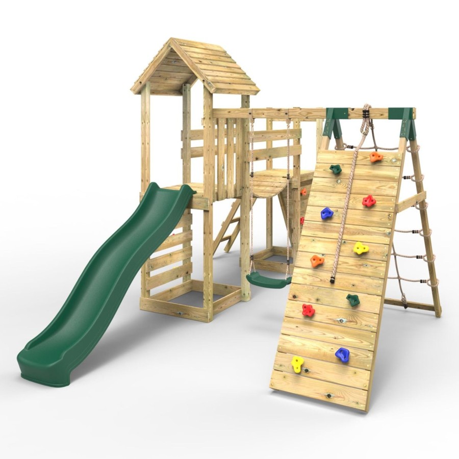 Climbing Frames OutdoorToys Climbing Frames With Rock Walls | Rebo Double Tower Climbing Frame With Flexible Bridge, Swing & Slide - Bear