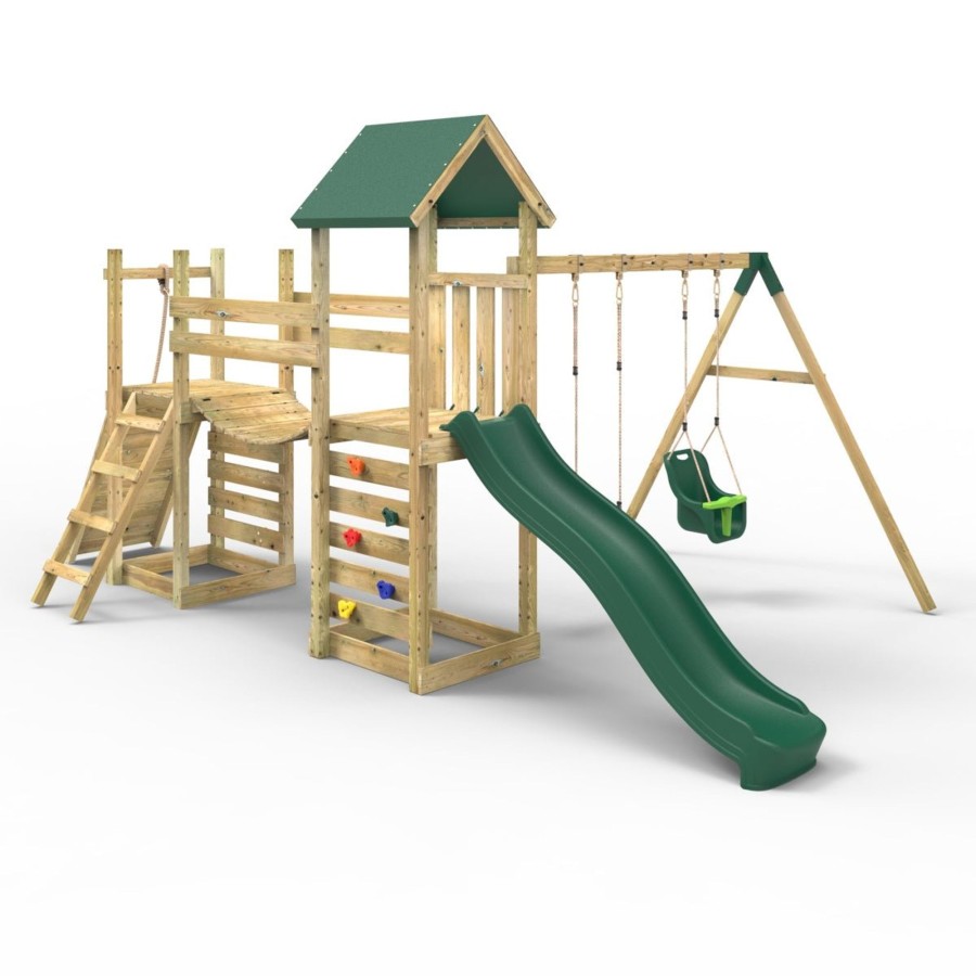 Climbing Frames OutdoorToys Climbing Frames With Rock Walls | Rebo Double Tower Climbing Frame With Flexible Bridge, Swing & Slide - Rainier