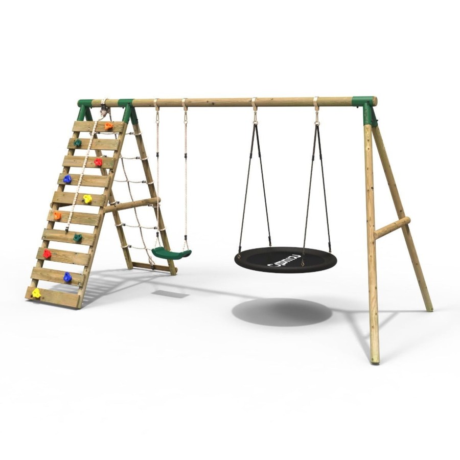 Swings OutdoorToys Wooden Swings | Rebo Wooden Swing Set With Up And Over Climbing Wall - Vale Green