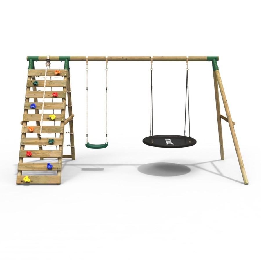 Swings OutdoorToys Wooden Swings | Rebo Wooden Swing Set With Up And Over Climbing Wall - Vale Green