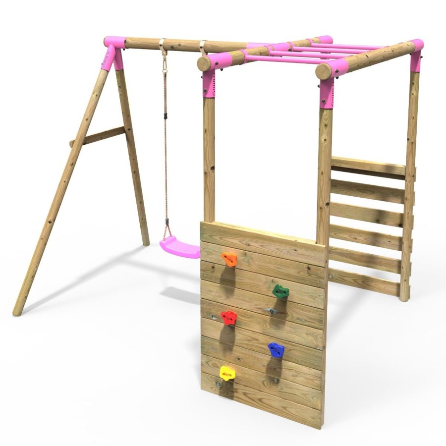 Swings OutdoorToys Wooden Swings | Rebo Wooden Garden Swing Set With Monkey Bars - Solar Pink