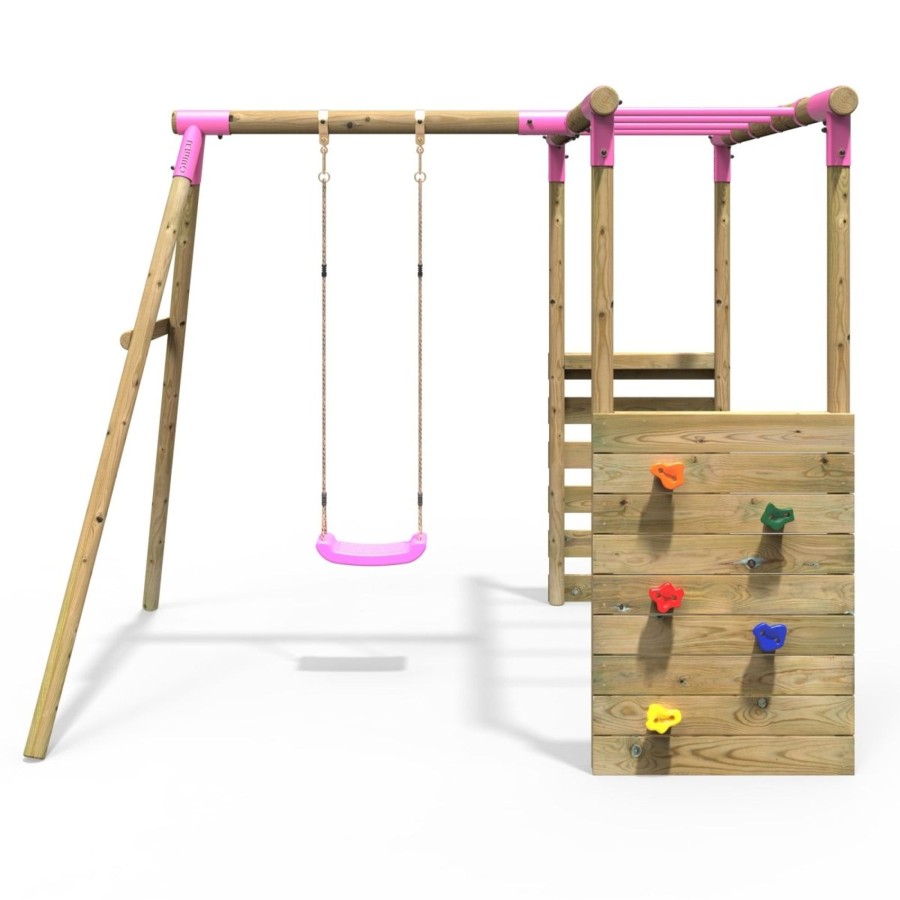 Swings OutdoorToys Wooden Swings | Rebo Wooden Garden Swing Set With Monkey Bars - Solar Pink