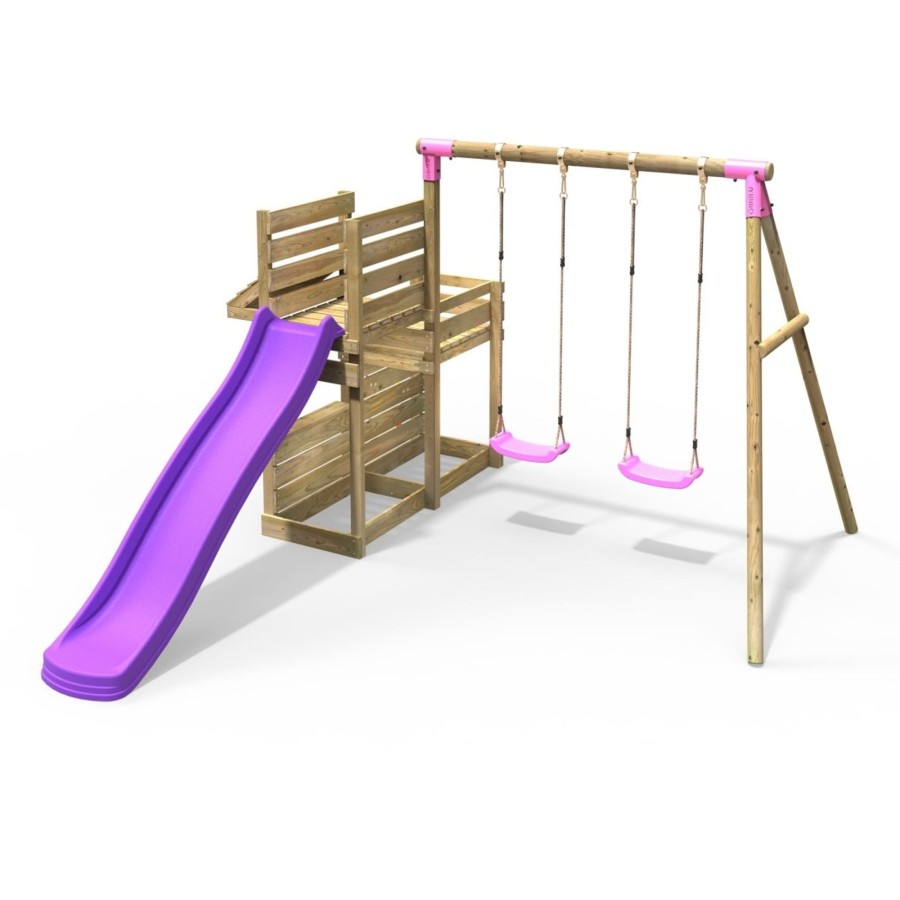 Swings OutdoorToys Wooden Swings | Rebo Wooden Swing Set With Deluxe Add On Deck & 8Ft Slide - Venus Pink