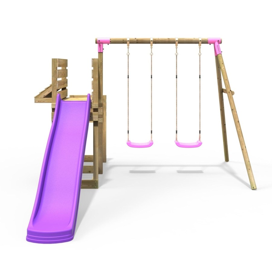 Swings OutdoorToys Wooden Swings | Rebo Wooden Swing Set With Deluxe Add On Deck & 8Ft Slide - Venus Pink