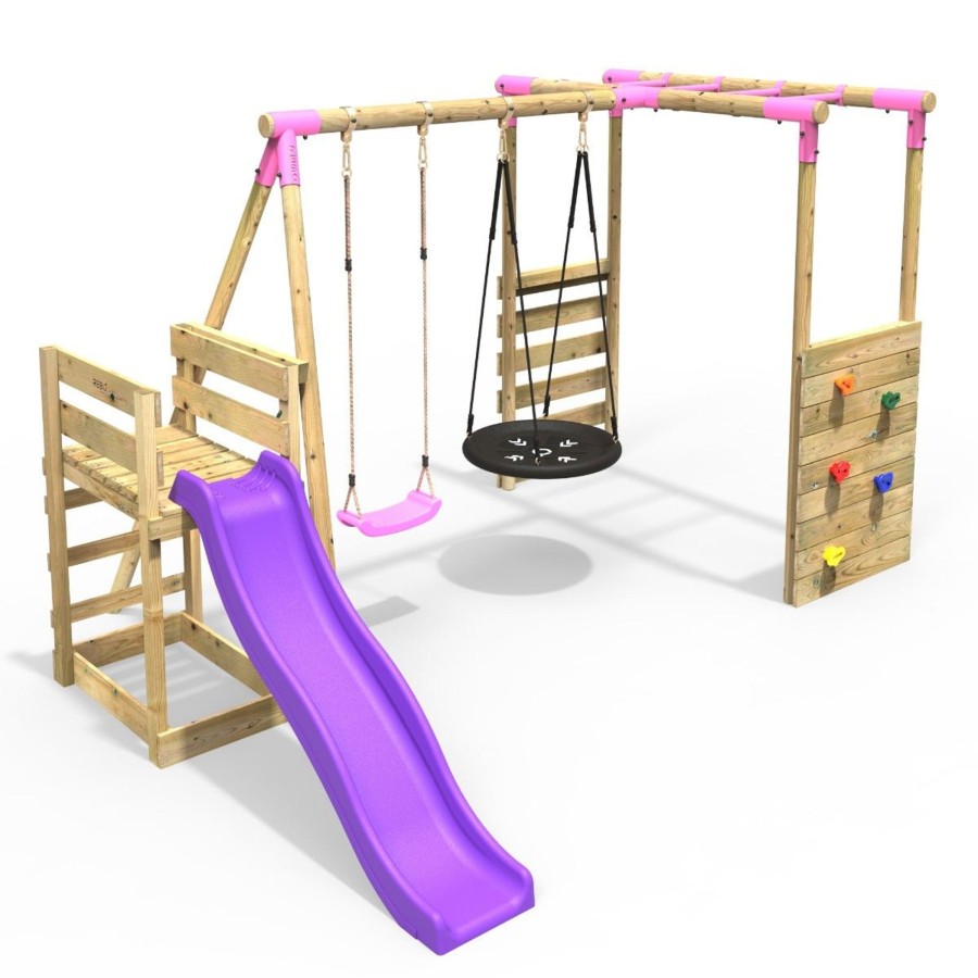 Swings OutdoorToys Wooden Swings | Rebo Wooden Swing Set With Monkey Bars Plus Deck & 6Ft Slide - Satellite Pink