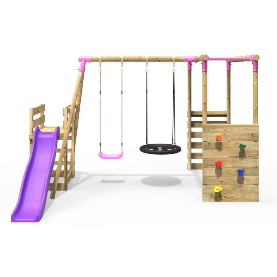 Swings OutdoorToys Wooden Swings | Rebo Wooden Swing Set With Monkey Bars Plus Deck & 6Ft Slide - Satellite Pink