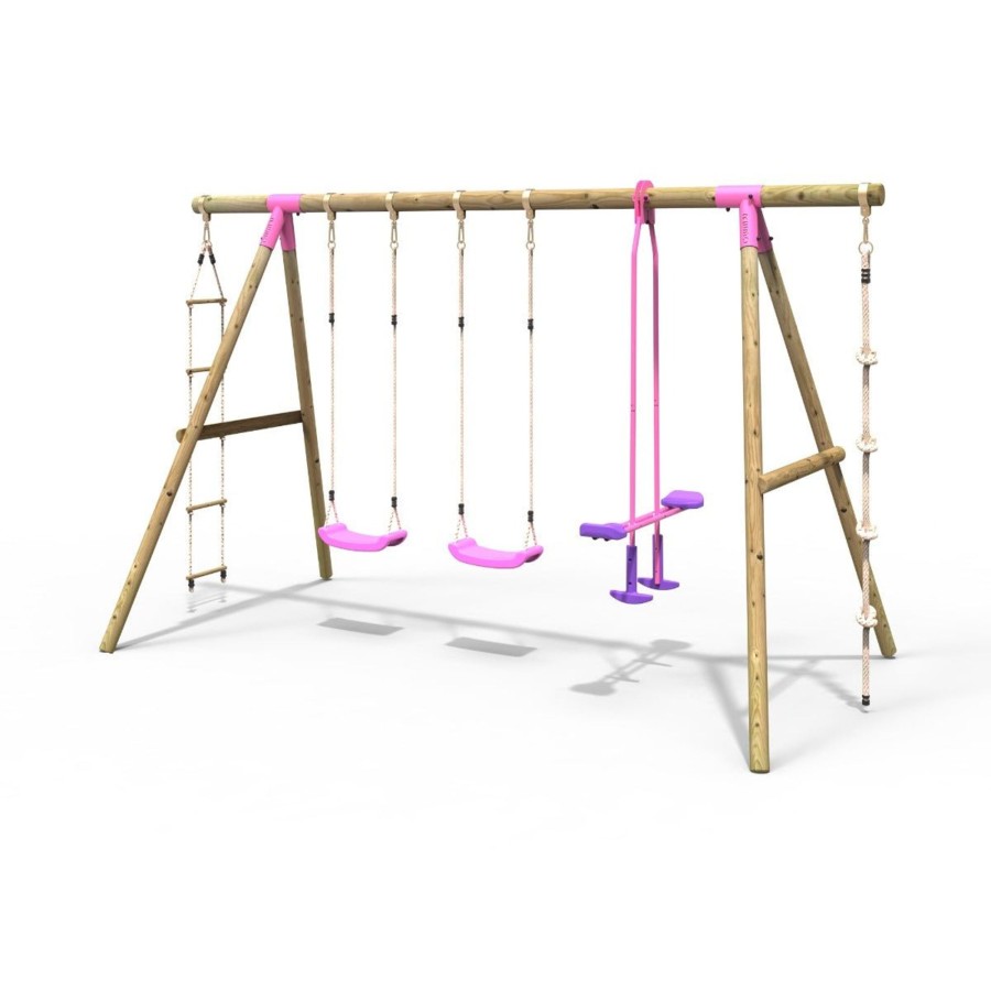 Swings OutdoorToys Wooden Swings | Rebo Wooden Triple Garden Swing Sets - Climbing Rope - Saturn Pink