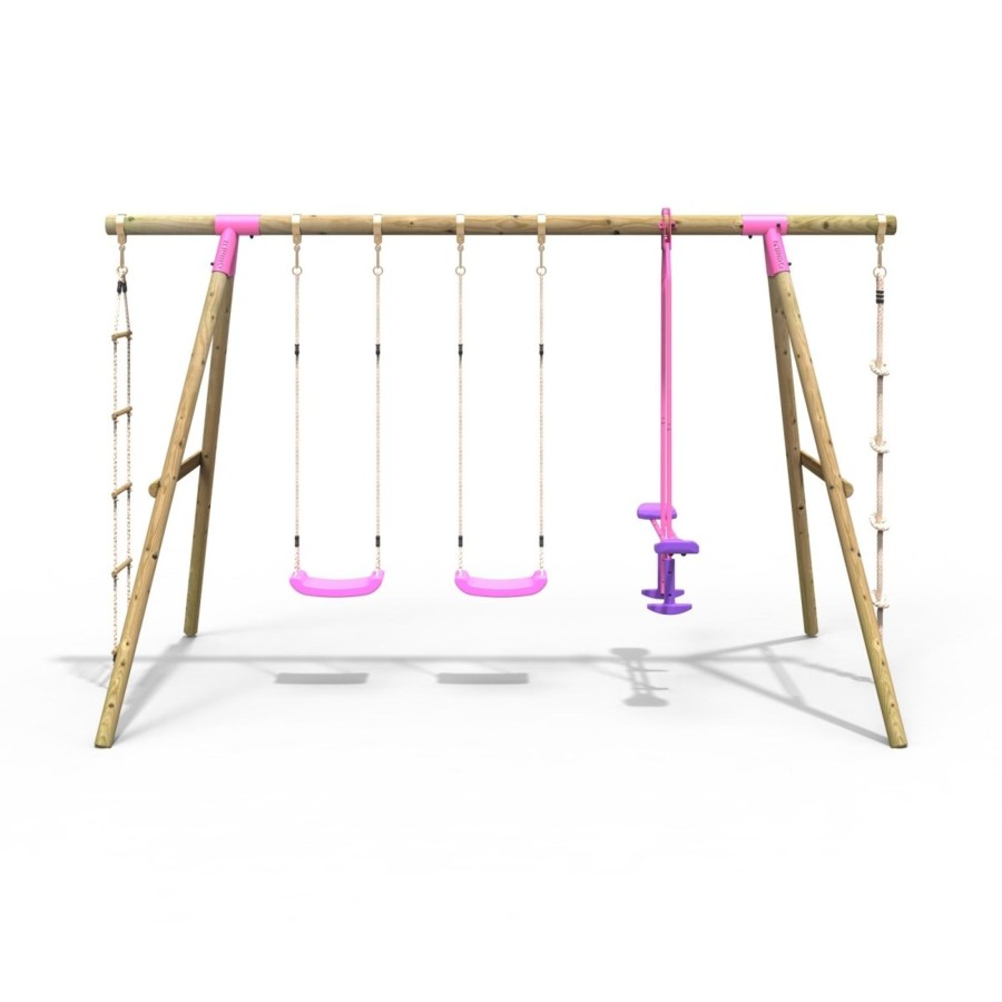 Swings OutdoorToys Wooden Swings | Rebo Wooden Triple Garden Swing Sets - Climbing Rope - Saturn Pink