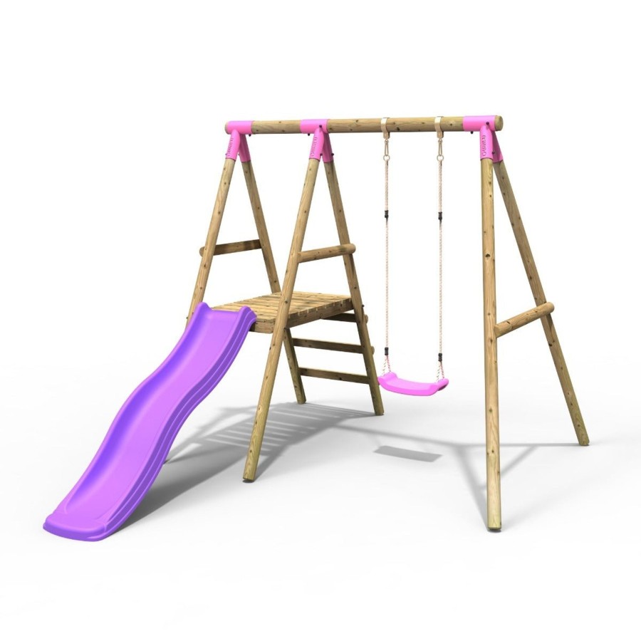 Swings OutdoorToys Swings & Slide Sets | Rebo Apollo Wooden Swing Set With Platform And Slide - Pink