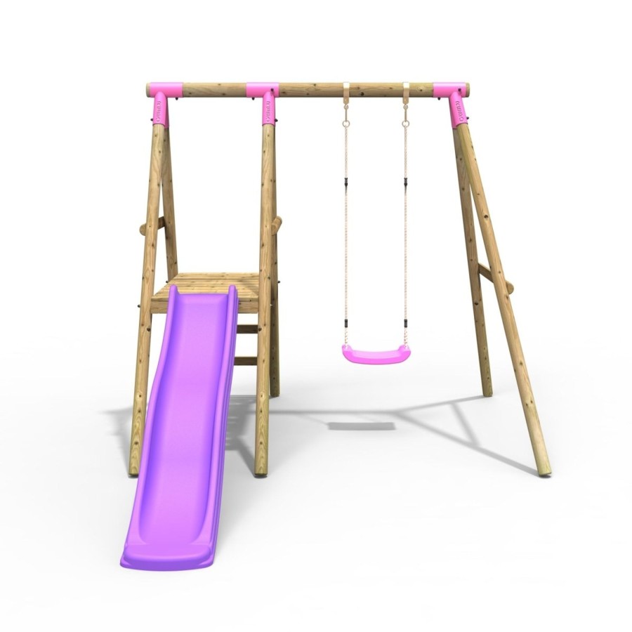 Swings OutdoorToys Swings & Slide Sets | Rebo Apollo Wooden Swing Set With Platform And Slide - Pink