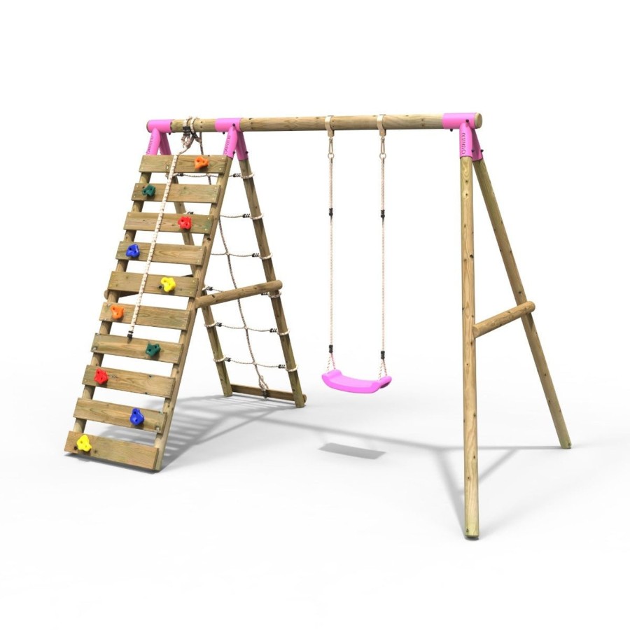 Swings OutdoorToys Wooden Swings | Rebo Wooden Swing Set With Up And Over Climbing Wall - Aria Pink